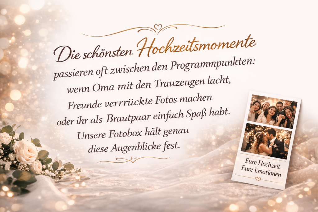 Die schönsten Hochzeitsmomente passieren oft zwischen den Programmpunkten:
wenn Oma mit den Trauzeugen lacht, Freunde verrückte Fotos machen oder ihr als Brautpaar einfach Spaß habt.
Unsere Fotobox hält genau diese Augenblicke fest.